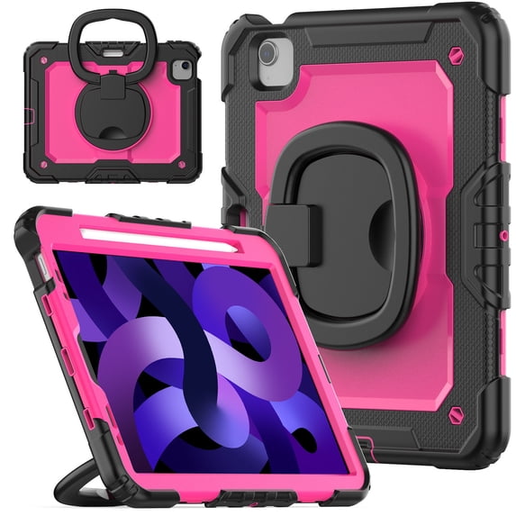 Case for iPad Air 5th Generation / iPad Air 4th Generation 10.9 inch, 360 Rotating Stand Handle Pencil Holder Shoulder Strap Heavy Duty Shockproof Cover, Rose PC