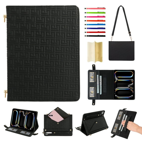 Case for iPad Air11 2024/Pro 11 2022 2021 2020 2018/Air4/Air5, Folio Stand PU Leather Cover with Shoulder Strap & Handstrap with elastic, Card Slots Cash Pockets Pen Slot Envelope Pocket Case, Black