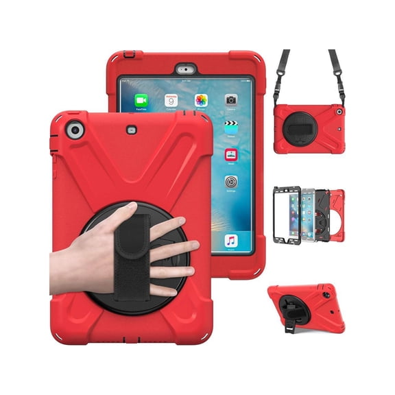 Case For iPad Mini 3 2 1, Heavy Duty Shockproof Protective Cover with 360 Degrees Rotatable Kickstand Hand Strap and Shoulder Strap for iPad Mini / iPad Mini 2 / iPad Mini 3