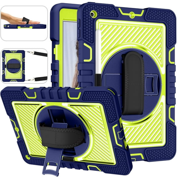 Case for iPad Mini 4/Mini 5th Generation, Kids Friendly Heavy Duty Rugged Shockproof Adjustable Kickstand Full Protective Tablet Cover with Hand/Shoulder Strap, Navy+Olivine