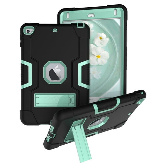 Case for iPad Mini 4th/5th Gen, Kickstand Shockproof Kids Proof Case Heavy Duty High Impact Resistant Hybrid Three Layer Rugged Defender Full Body Protection Case, Black+Mint