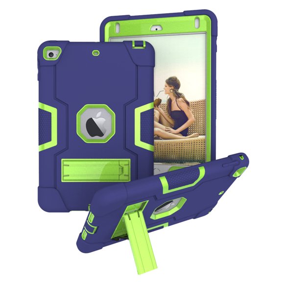 Case for iPad Mini 4th/5th Gen, Kickstand Shockproof Kids Proof Case Heavy Duty High Impact Resistant Hybrid Three Layer Rugged Defender Full Body Protection Case, Blue+Verdant