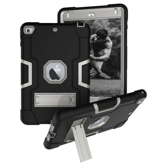 Case for iPad Mini 4th/5th Gen, Kickstand Shockproof Kids Proof Case Heavy Duty High Impact Resistant Hybrid Three Layer Rugged Defender Full Body Protection Case, Black+Gray