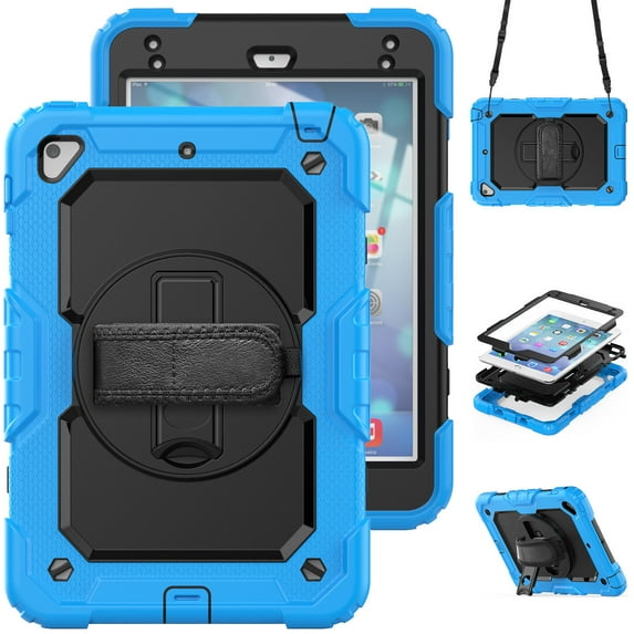 Case for iPad Mini 5 2019/Mini 4 2015 (5th/4th Generation 7.9 inch) with Screen Protector, 360 Degree Rotating Kickstand Hand Strap Shockproof Cover with Shoulder Strap, Sky Blue