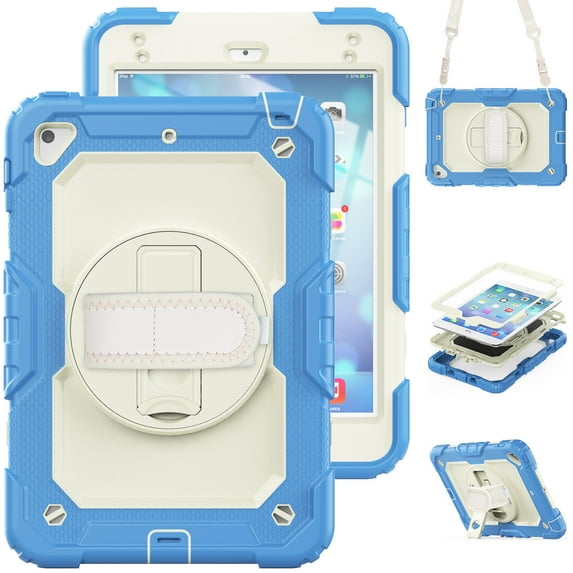 Case for iPad Mini 5 2019/Mini 4 2015 (5th/4th Generation 7.9 inch) with Screen Protector, 360 Degree Rotating Kickstand Hand Strap Shockproof Cover with Shoulder Strap, Cream Navy