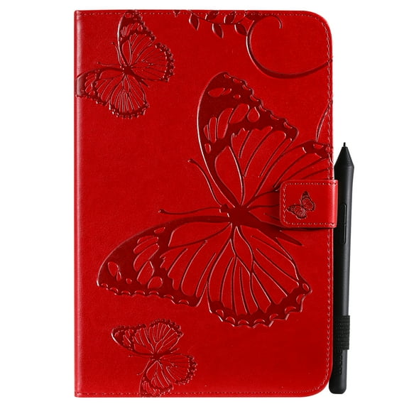 Case for iPad Mini 5 /iPad Mini 4/iPad Mini 3/iPad Mini 2, Slim Fit Folio Flip PU Leather Butterfly Embossed Smart Stand Cover Auto Wake/Sleep Shockproof Protection TPU Back Cover, Red
