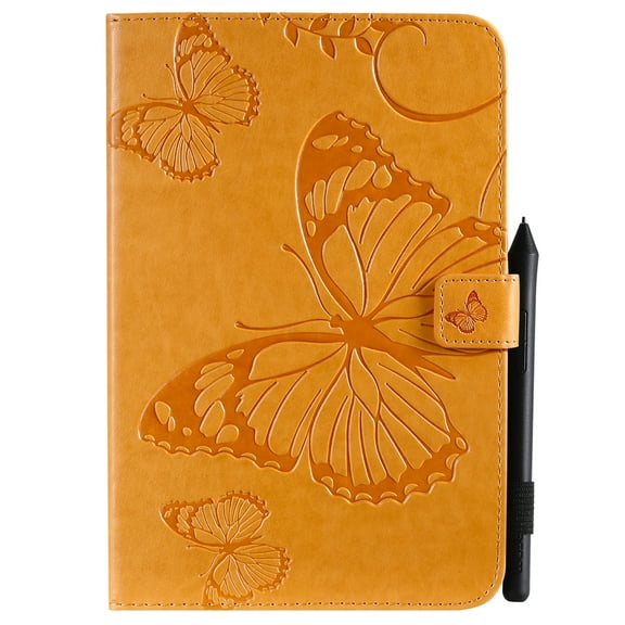 Case for iPad Mini 5 /iPad Mini 4/iPad Mini 3/iPad Mini 2, Slim Fit Folio Flip PU Leather Butterfly Embossed Smart Stand Cover Auto Wake/Sleep Shockproof Protection TPU Back Cover, Yellow