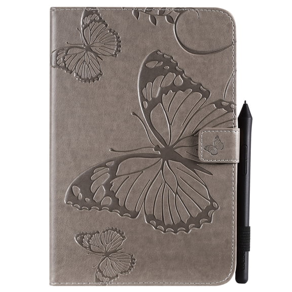 Case for iPad Mini 5 /iPad Mini 4/iPad Mini 3/iPad Mini 2, Slim Fit Folio Flip PU Leather Butterfly Embossed Smart Stand Cover Auto Wake/Sleep Shockproof Protection TPU Back Cover, Gray