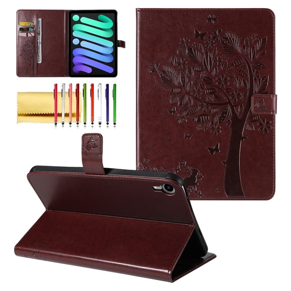 Case for iPad Mini 6 2021 (8.3 Inch) 6th Generation Case, Embossed Cat & Tree PU Leather Retro Shockproof Magnetic Clasp Wallet Card Slots Folio Kickstand Cover for iPad Mini 6th Gen, Coffee