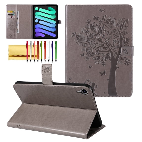 Case for iPad Mini 6 2021 (8.3 Inch) 6th Generation Case, Embossed Cat & Tree PU Leather Retro Shockproof Magnetic Clasp Wallet Card Slots Folio Kickstand Cover for iPad Mini 6th Gen, Gray