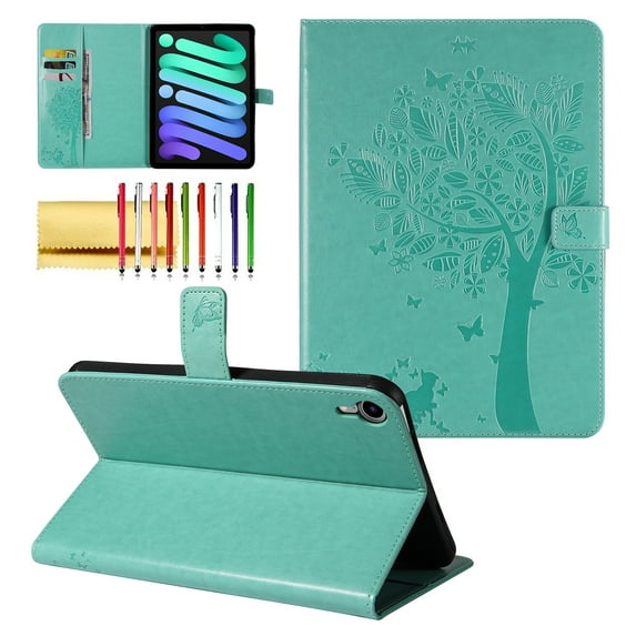 Case for iPad Mini 6 2021 (8.3 Inch) 6th Generation Case, Embossed Cat & Tree PU Leather Retro Shockproof Magnetic Clasp Wallet Card Slots Folio Kickstand Cover for iPad Mini 6th Gen, Green