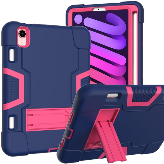 Case for iPad Mini 6, Kickstand Shockproof Kids Proof Case Heavy Duty High Impact Resistant Hybrid Three Layer Rugged Defender Full Body Protection Case, Blue+Rose