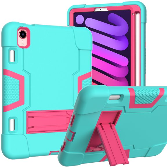 Case for iPad Mini 6, Kickstand Shockproof Kids Proof Case Heavy Duty High Impact Resistant Hybrid Three Layer Rugged Defender Full Body Protection Case, Mint+Rose