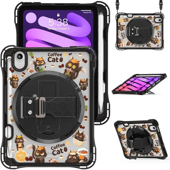 Case for iPad Mini 7 2024 (A17 Pro) / iPad Mini 6 2021, iPad Mini 7th/6th Generation Case 8.3 inch with Penci Holder Rotating Kickstand Hand/Shoulder Strap, Kid Cartoon Tranparent Back Cover