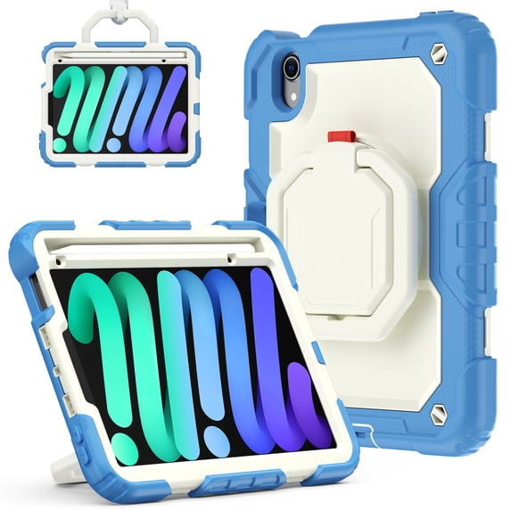 Case for iPad Mini 7 2024/Mini 6 2021 8.3 inch 7th/6th Gen, 360 Rotating Stand Handle Shoulder Strap Heavy Duty Shockproof Cover, Cream Navy