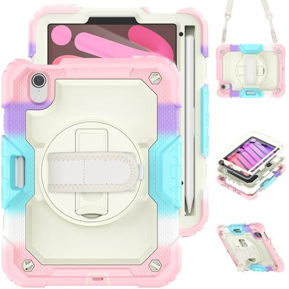 Case for iPad Mini 7 A17 Pro 2024/Mini 6 2021 8.3 Inch 7th/6th Gen with Screen Protector, 360 Degree Rotating Kickstand Hand Strap Shockproof Cover with Shoulder Strap, Rainbow Pink