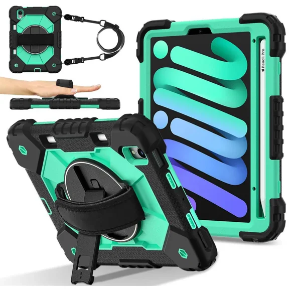 Case for iPad Mini 7 A17 Pro 2024 / iPad Mini 6 2021 8.3 Inch with Rotating Stand Pencil Holder Hand/Shoulder Strap, Heavy Duty Shockproof Protective Cover for iPad Mini 7th/6th Generation 8.3"