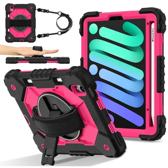 Case for iPad Mini 7 A17 Pro 2024 / iPad Mini 6 2021 8.3 Inch with Rotating Stand Pencil Holder Hand/Shoulder Strap, Heavy Duty Shockproof Protective Cover for iPad Mini 7th/6th Generation 8.3"