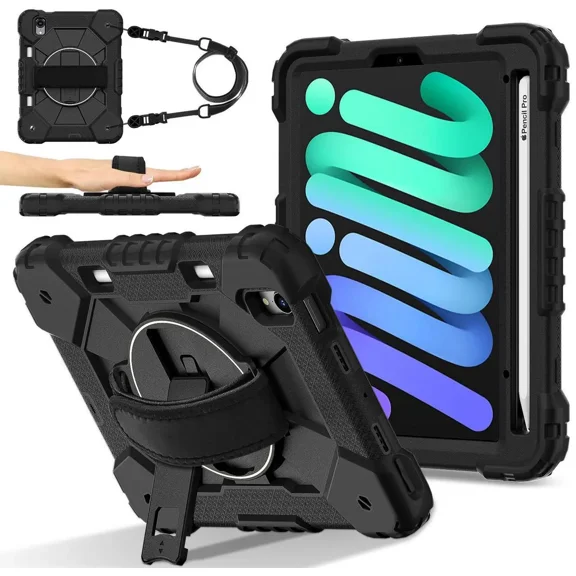Case for iPad Mini 7 A17 Pro 2024 / iPad Mini 6 2021 8.3 Inch with Rotating Stand Pencil Holder Hand/Shoulder Strap, Heavy Duty Shockproof Protective Cover for iPad Mini 7th/6th Generation 8.3"