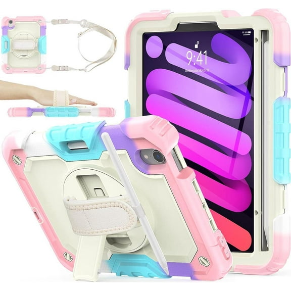 Case for iPad Mini 7 (A17 Pro) 2024 / iPads Mini 6 8.3" Full-Body Shockproof Protective Case with Screen Protector, 360° Rotating Stand, Hand/Shoulder Strap for iPad Mini 7th/ 6th Generation