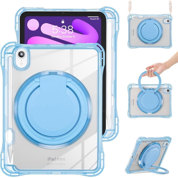 Case for iPad Mini 7 A17 Pro / Mini 6, iPad Mini 6th/7th Gen 2021 2024 8.3 Inch Shockproof Rugged Protective Cover with 360 Rotating Stand Pencil Holder Hand/Shoulder Strap Transparent Back