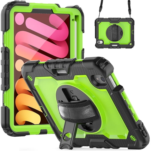Case for iPad Mini 7 (A17 Pro)/Mini 6th Case 8.3 inch (2024/2021), Heavy Duty Shockproof Protective Case with Screen Protector, 360° Rotating Stand, Hand/Shoulder Strap and Pen Holder