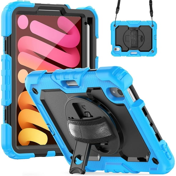 Case for iPad Mini 7 (A17 Pro)/Mini 6th Case 8.3 inch (2024/2021), Heavy Duty Shockproof Protective Case with Screen Protector, 360° Rotating Stand, Hand/Shoulder Strap and Pen Holder