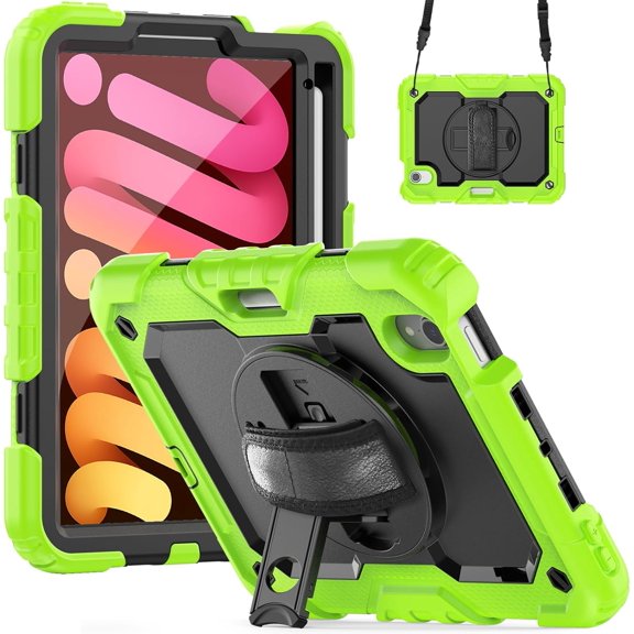 Case for iPad Mini 7 (A17 Pro)/Mini 6th Case 8.3 inch (2024/2021), Heavy Duty Shockproof Protective Case with Screen Protector, 360° Rotating Stand, Hand/Shoulder Strap and Pen Holder