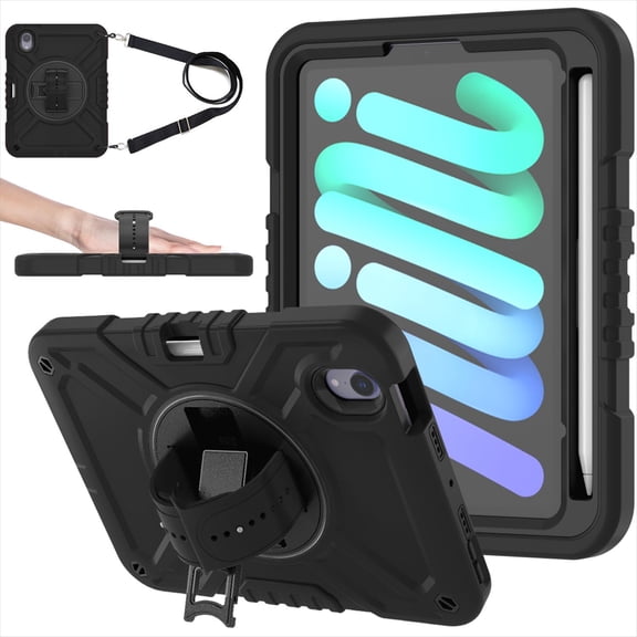 Case for iPad Mini 7 Case A17 Pro, for iPad Mini 7th/6th Generation Case, Heavy Duty Military Grade Shockproof Rugged Protective Cover with Built-in Stand/Pencil Holder Shoulder Strap, Black