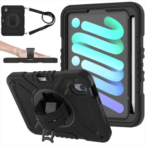 Case for iPad Mini 7 Case A17 Pro, for iPad Mini 7th/6th Generation Case, Heavy Duty Military Grade Shockproof Rugged Protective Cover with Built-in Stand/Pencil Holder Shoulder Strap, Black