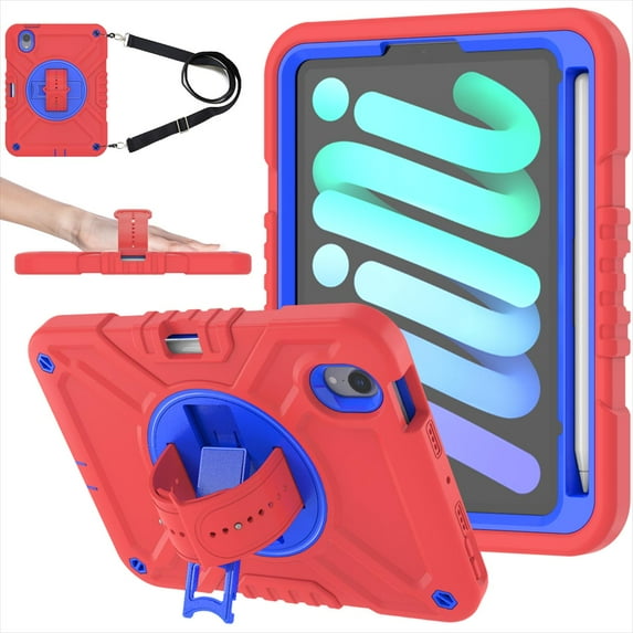 Case for iPad Mini 7 Case A17 Pro, for iPad Mini 7th/6th Generation Case, Heavy Duty Military Grade Shockproof Rugged Protective Cover with Built-in Stand/Pencil Holder Shoulder Strap, Red Blue