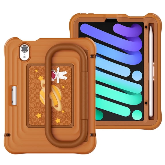 Case for iPad Mini 7th/6th Generation 8.42 inch 2024/2021, 3-in-1 Silicone Tablet Case with Handle Grip, Shoulder Strap, Astronaut Anti-Slip Texture, Brown
