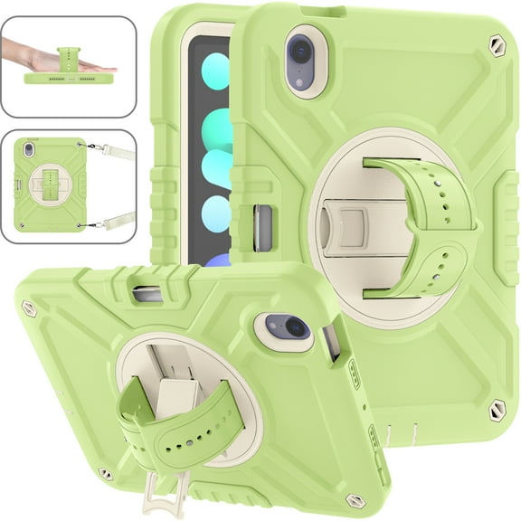 Case for iPad Mini 7th Gen 8.3" 2024, Triple-Layers Drop Protection Case with Rotation Kickstand & Adjustable Hand Strap & Shoulder Strap & Pencil Holder for iPad Mini 6th Gen 8.3" 2021, Greenwhite