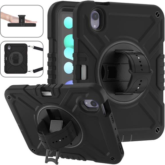 Case for iPad Mini 7th Gen 8.3" 2024, Triple-Layers Drop Protection Case with Rotation Kickstand & Adjustable Hand Strap & Shoulder Strap & Pencil Holder for iPad Mini 6th Gen 8.3" 2021, Black