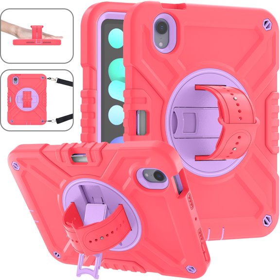 Case for iPad Mini 7th Gen 8.3" 2024, Triple-Layers Drop Protection Case with Rotation Kickstand & Adjustable Hand Strap & Shoulder Strap & Pencil Holder for iPad Mini 6th Gen 8.3" 2021, Redpurple
