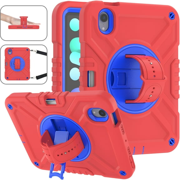 Case for iPad Mini 7th Gen 8.3" 2024, Triple-Layers Drop Protection Case with Rotation Kickstand & Adjustable Hand Strap & Shoulder Strap & Pencil Holder for iPad Mini 6th Gen 8.3" 2021, Redblue