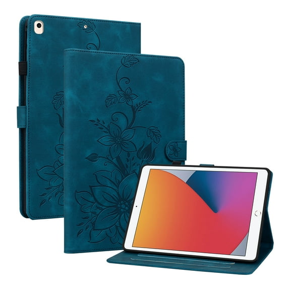 Case for iPad Pro 10.5 2017/Air 3 2019, Flower Pattern PU Leather Multi-Angle Viewing Stand Shockproof Flip Case with Card Slot, Magnetic Clasp, Pencil Slot, Auto Sleep/Wake, Darkblue