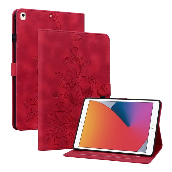 Case for iPad Pro 10.5 2017/Air 3 2019, Flower Pattern PU Leather Multi-Angle Viewing Stand Shockproof Flip Case with Card Slot, Magnetic Clasp, Pencil Slot, Auto Sleep/Wake, Red