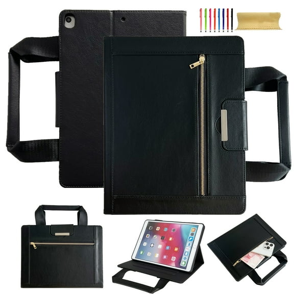 Case for iPad Pro 10.5" 2017 / Air 3rd Gen 10.5" 2019 / 7th / 8th / 9th, Classic PU Leather Nylon Hand Strap, Card Slots Kickstand Zipper Pocket Handbag Heavy Duty Protection Rugged Cover, Black