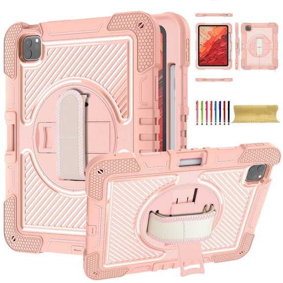 Case for iPad Pro 11"(2022/2021/2020/2018)/Air 5th/4th,Heavy Duty Rugged Shockproof Anti-fall Protective Case Cover with Rotating Kickstand, Carrying Shoulder Strap, Handle Hand Strap,C