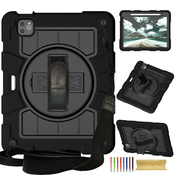 Case for iPad Pro 11 2022/2021/2020/2018, Heavy Duty Kids Case with Kickstand & Pencil Holder & 360 Rotating Hand Strap & Crossbody Strap Case Cover for iPad Air 4/Air 5 - Black