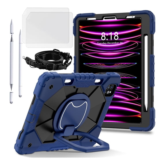 Case for iPad Pro 11 (2022/2021/2020/2018) with Screen Protector/Capacitive Pen/Shoulder Strap/Handle Grip/Rotating Kickstand/Pencil Holder, 3-Layer Armor Cover Drop/Shock Proof Kids