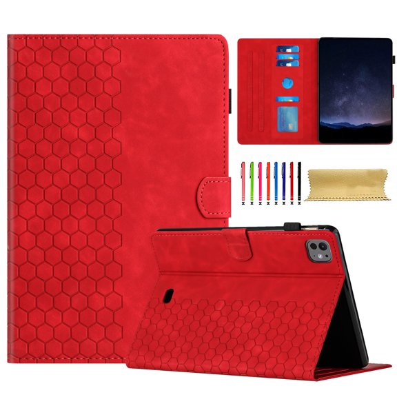 Case for iPad Pro 11 2024, Embossed PU Leather Cover Flip with Smart Auto Wake / Sleep Stand Function Pencil Holder and Card Slots & Footgrip for iPad Pro 11 2024 Case, Red