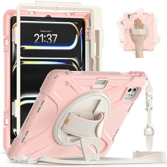 Case for iPad Pro 11" 2024 M4 5th Geneartion A2836/A2837/A3006, Kids Friendly Rugged Cover Built-in 360° Rotatable Stand-Hand/Shoulder Strap/Pencil Holder for iPad Pro 11" 2024, Pink