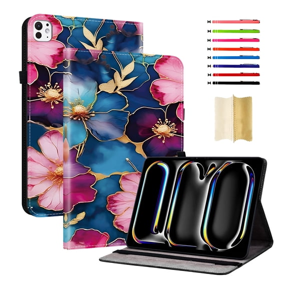 Case for iPad Pro 11 2025 M5 / iPad Pro 11 2024 M4, Slim Kickstand PU Leather Pattern Card Slots Elastic Band Stylus Slot Protective Heavy Duty Protection Folio Cover - D