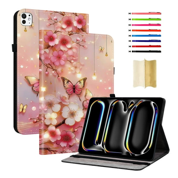 Case for iPad Pro 11 2025 M5 / iPad Pro 11 2024 M4, Slim Kickstand PU Leather Pattern Card Slots Elastic Band Stylus Slot Protective Heavy Duty Protection Folio Cover - E