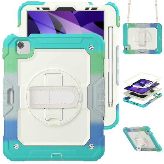 Case for iPad Pro 11 Inch 2022/2021/2020/2018 4th/3rd/2nd/1st Gen with Screen Protector, 360 Degree Rotating Kickstand Hand Strap Shockproof Cover with Shoulder Strap, Rainbow Blue