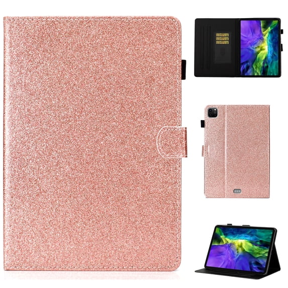 Case for iPad Pro 11 Inch 5th Generation 2024 - Glitter Shiny PU Leather Case, Cover with Auto Sleep/Wake for Girls Magnetic Clasp Shockproof Kickstand Soft TPU Inner Shell Card Holder, Rosegold