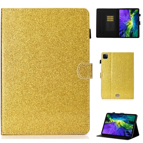 Case for iPad Pro 11 Inch 5th Generation 2024 - Glitter Shiny PU Leather Case, Cover with Auto Sleep/Wake for Girls Magnetic Clasp Shockproof Kickstand Soft TPU Inner Shell Card Holder, Gold