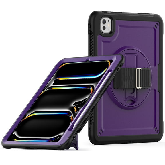 Case for iPad Pro 11 Inch 5th Generation 2024, Silicone PC Protective Cover with Pencil Holder Shoulder Strap & 360 Degree Rotating Hand Strap Kickstand 2 In 1 Case Cover, Purple